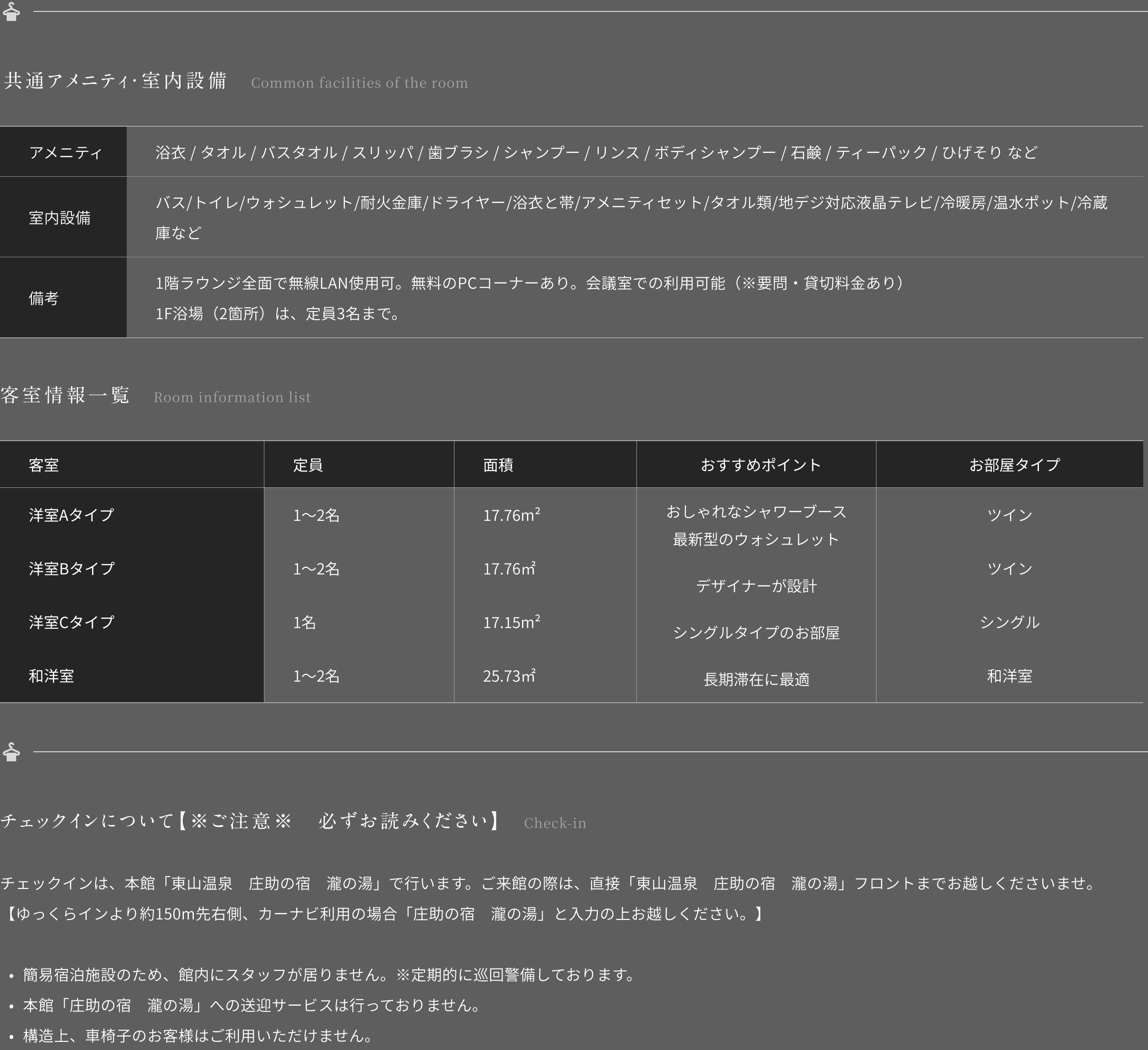 共通アメニティ・室内設備、客室情報一覧